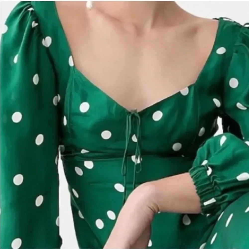 J Crew Midi Dress Women's Green White Polka Dot Long Sleeve  Sweetheart Sz 4
